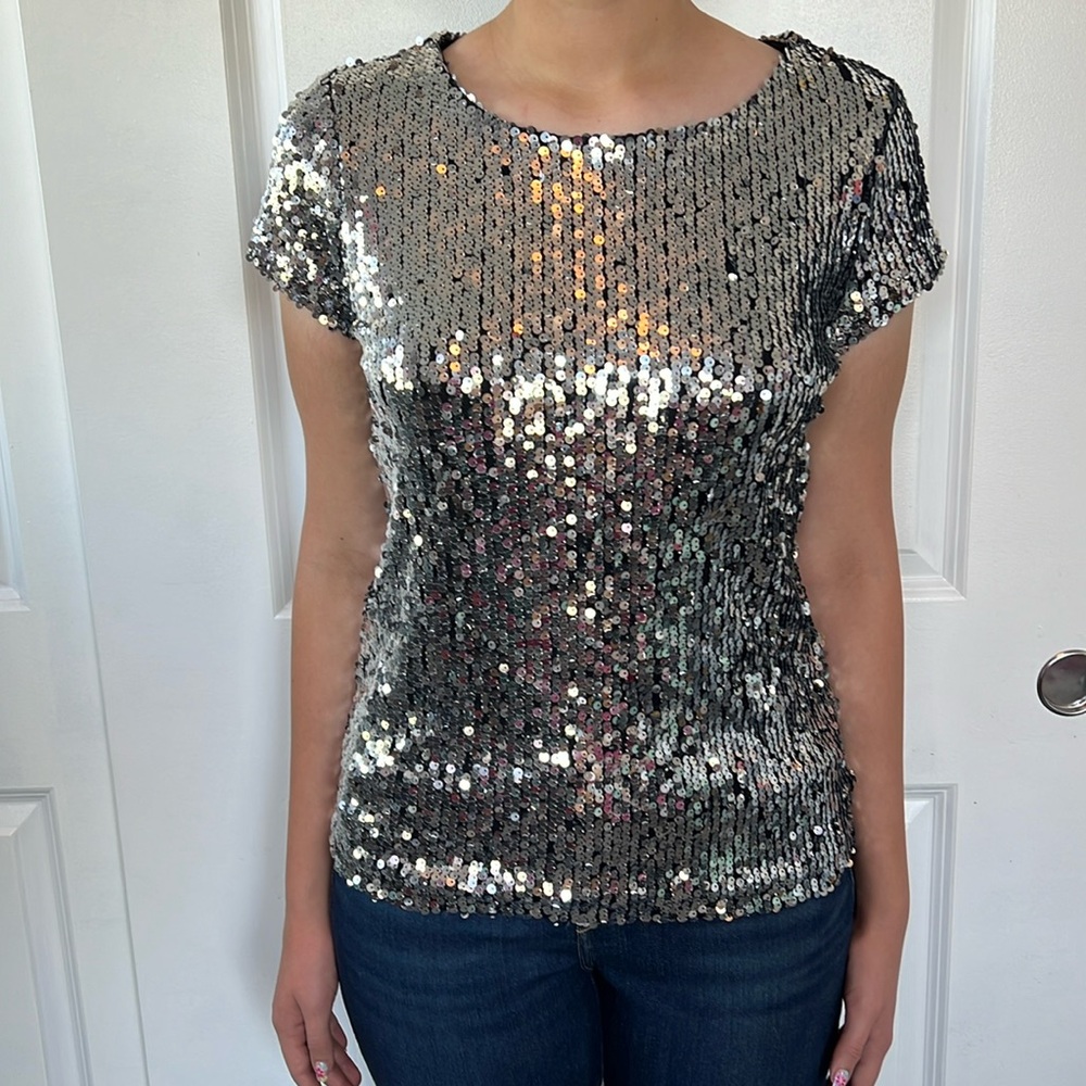 Inc Silver Glam Bling Sequin Basic Tee T Shirt M … - image 1